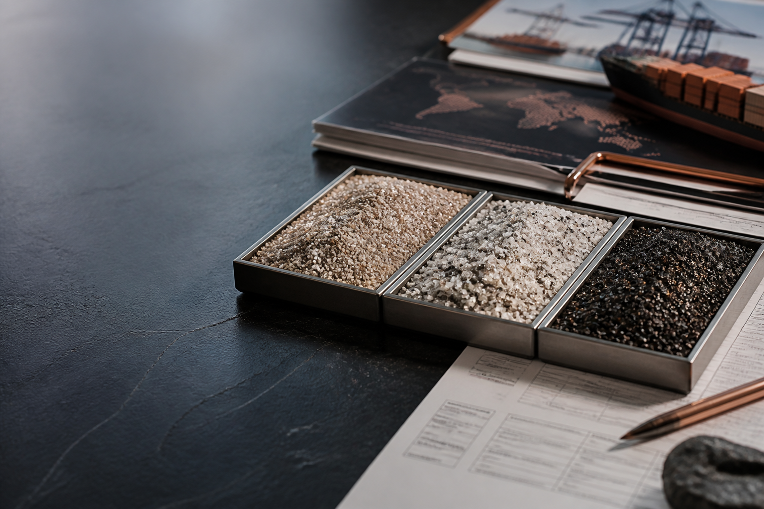 Mineral sample trays on a trade desk with logistics documents